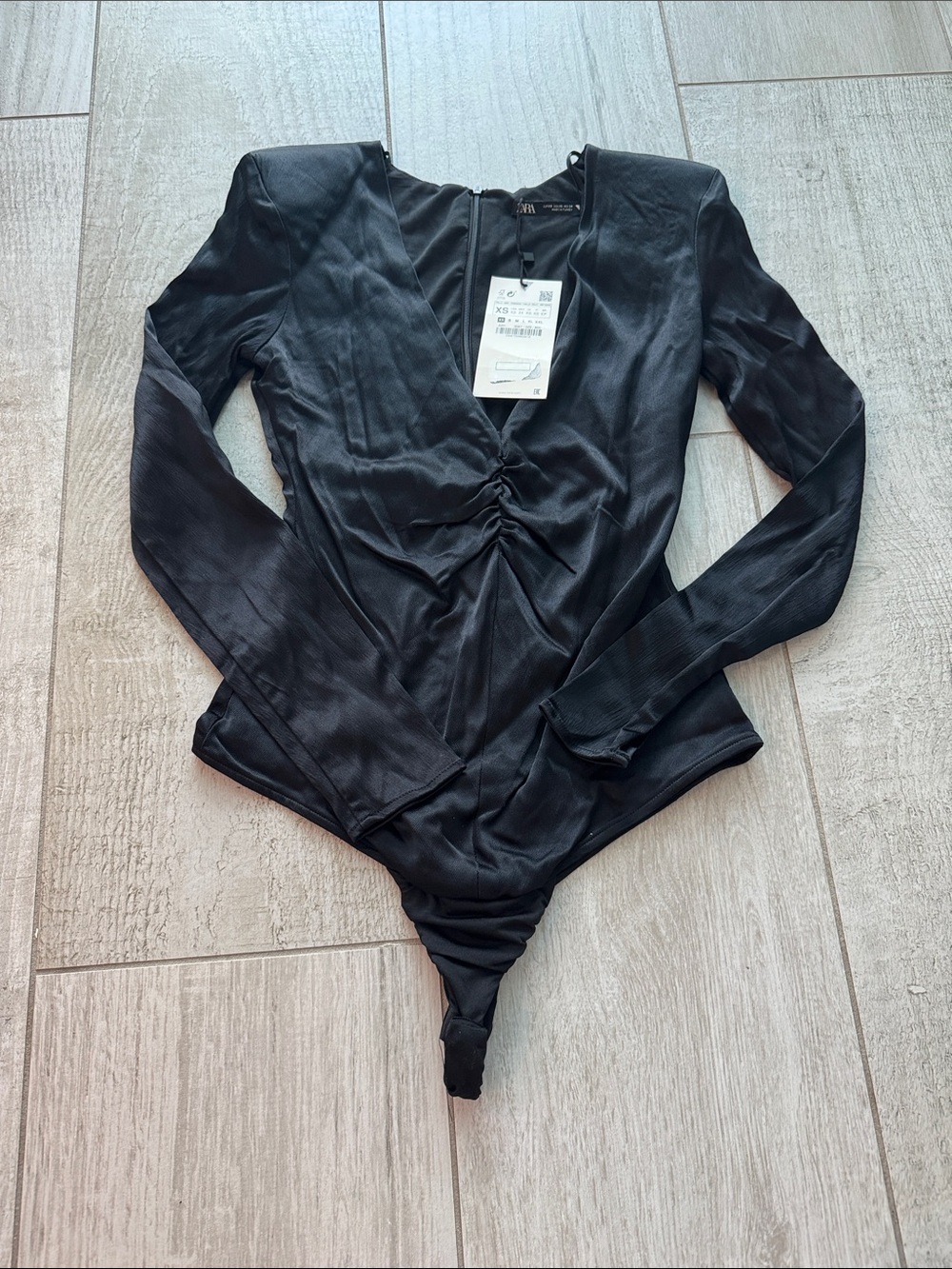 Zara Draped Satin Bodysuit with Shoulder Pads Black XS